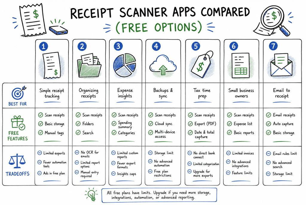Editorial comparison illustration of seven free receipt scanner app options with strengths and tradeoffs