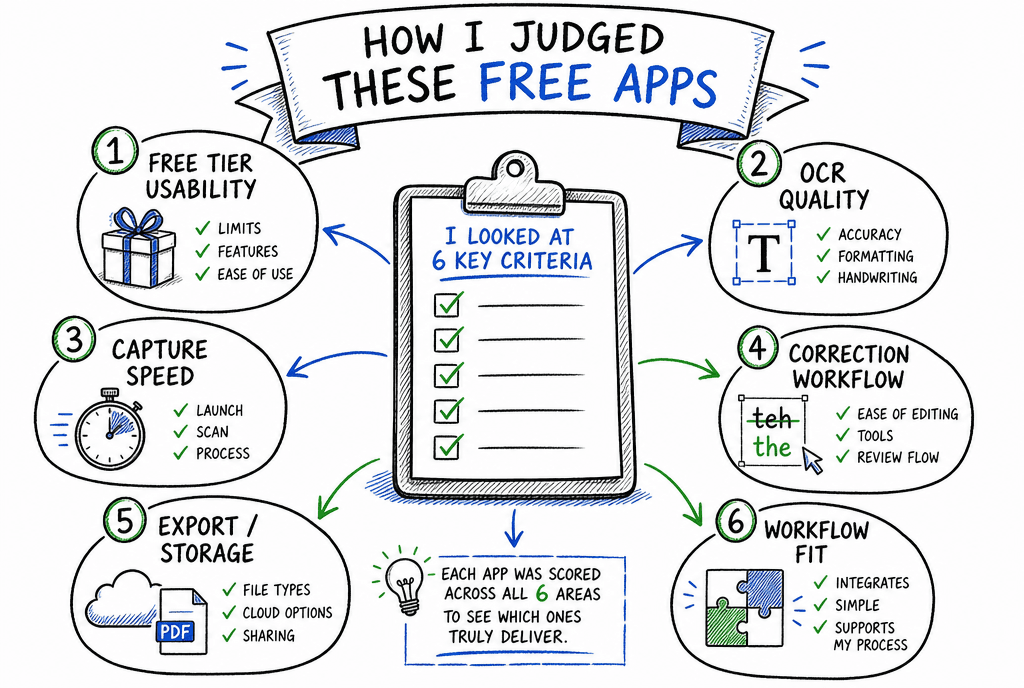 Editorial framework illustration showing free-tier usability, OCR, capture speed, correction workflow, export, and workflow fit