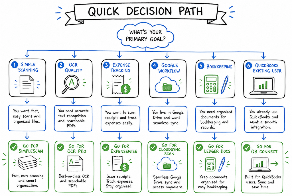 Editorial decision flow illustration mapping common receipt workflow needs to free app choices
