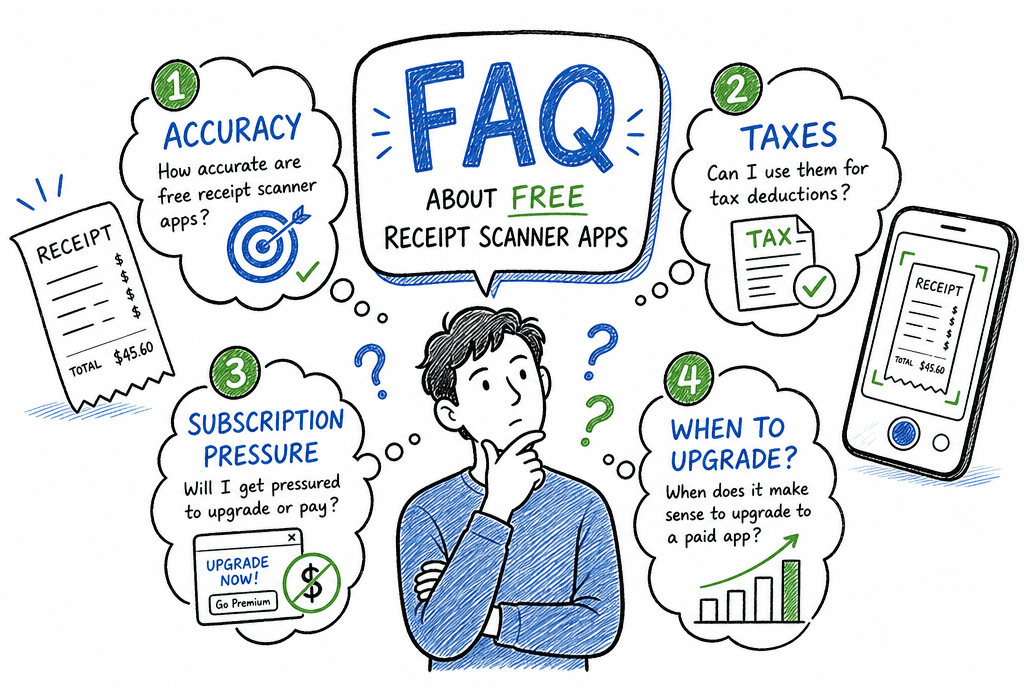 Editorial FAQ illustration with common questions about free receipt scanner app accuracy taxes and upgrade timing