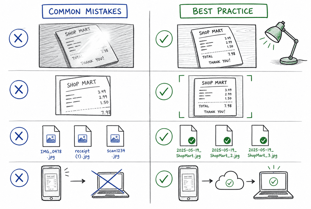 Do and don't illustration showing common receipt scanning mistakes and better alternatives