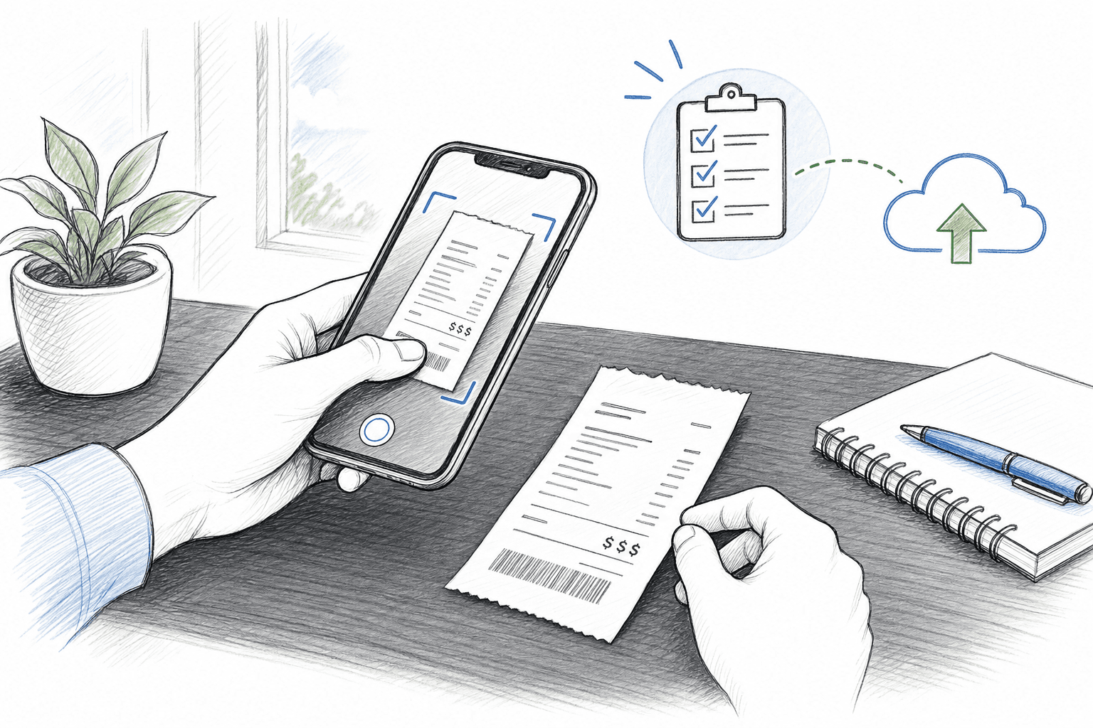Illustration of scanning a receipt with a phone using a clean repeatable workflow