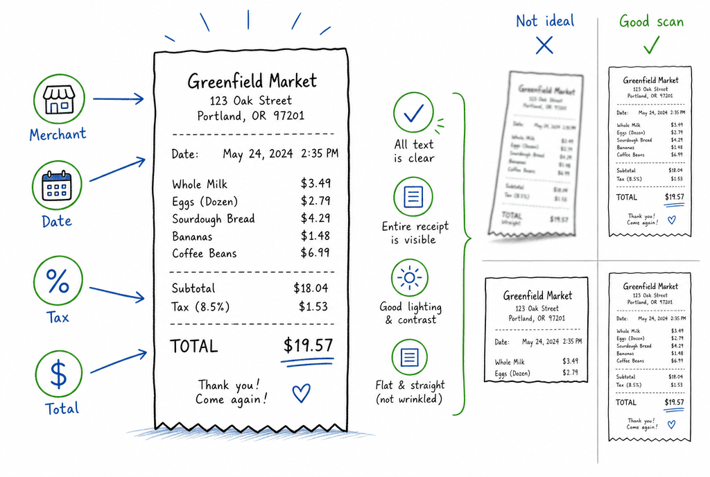 Editorial illustration highlighting the key fields that make a receipt scan useful and readable