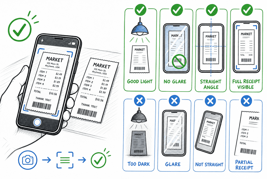 Illustration of OCR best practices with good lighting, straight framing, and clear receipt edges