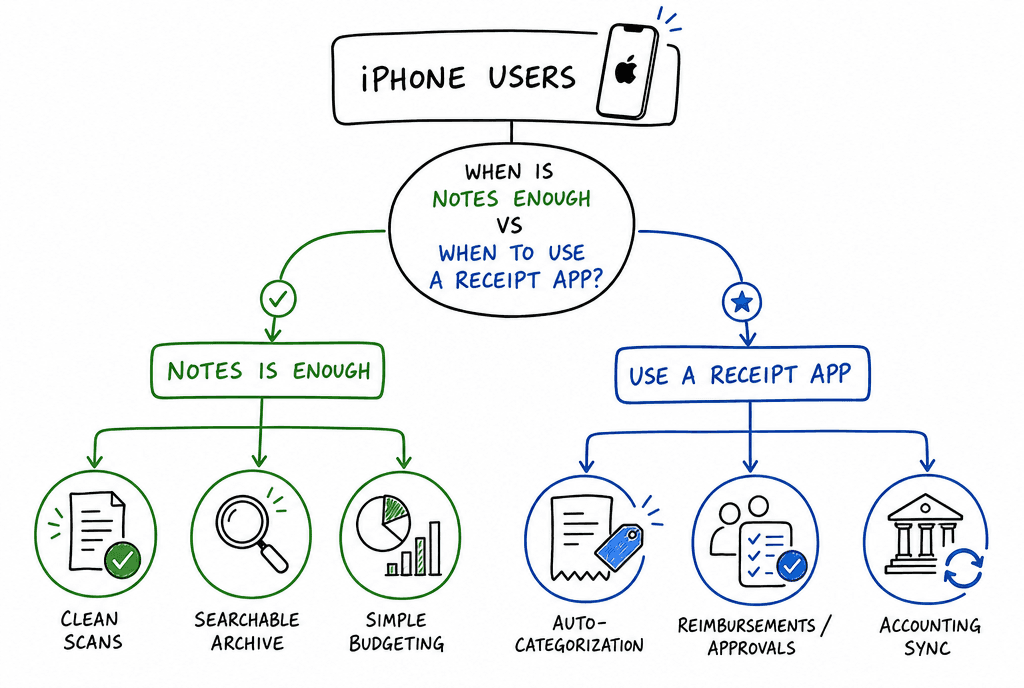 Decision diagram for iPhone users showing when Apple Notes is enough and when a dedicated receipt app is better
