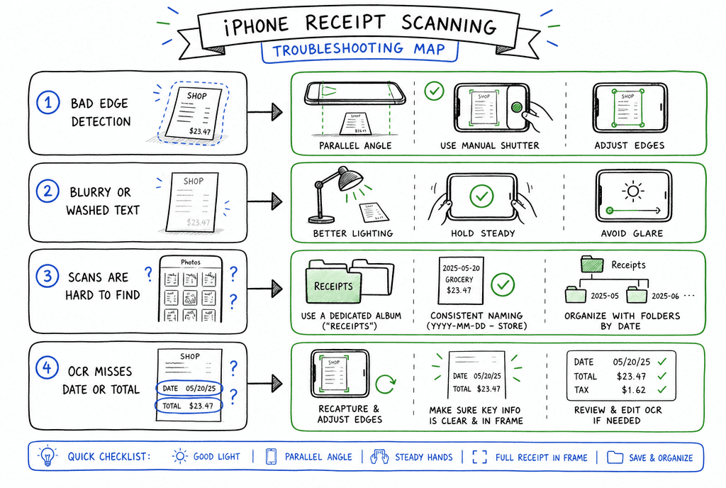 iPhone receipt scanning troubleshooting map covering edge detection blur findability and OCR misses