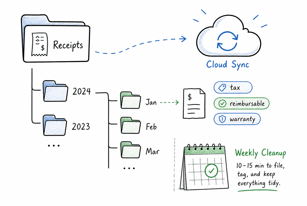 Illustration of a simple long-term receipt organization system with folders tags and cloud sync