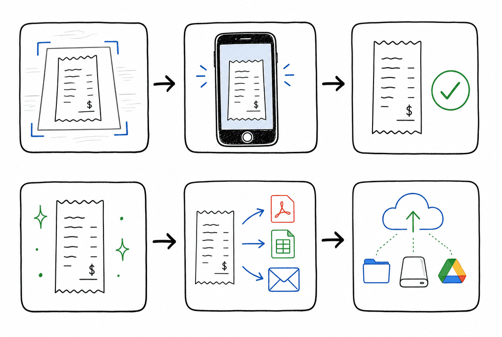 Simple step-by-step illustration showing the workflow from framing a receipt to backing it up