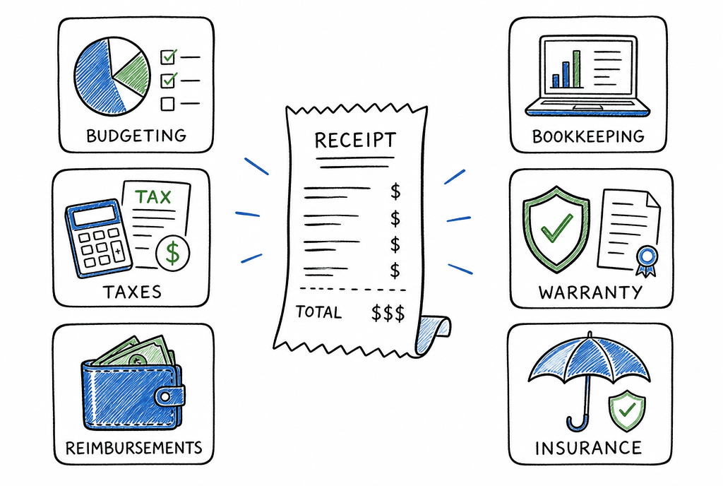 Illustration mapping different receipt scanning needs like budgeting taxes reimbursements and claims