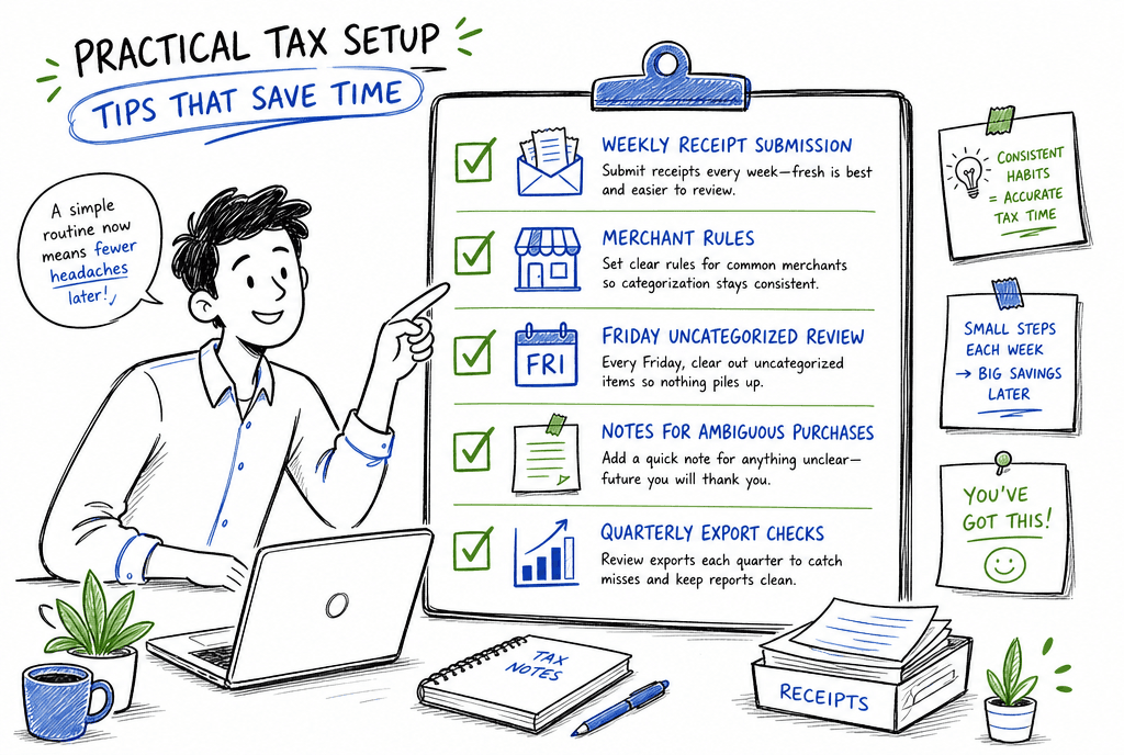Editorial checklist illustration for tax receipt habits like weekly submission, merchant rules, Friday review, notes, and quarterly exports