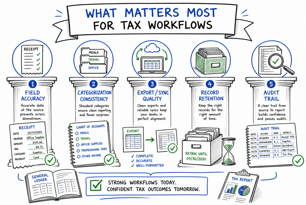 Editorial diagram showing tax-focused receipt app criteria: field accuracy, category consistency, export quality, retention, and audit trail