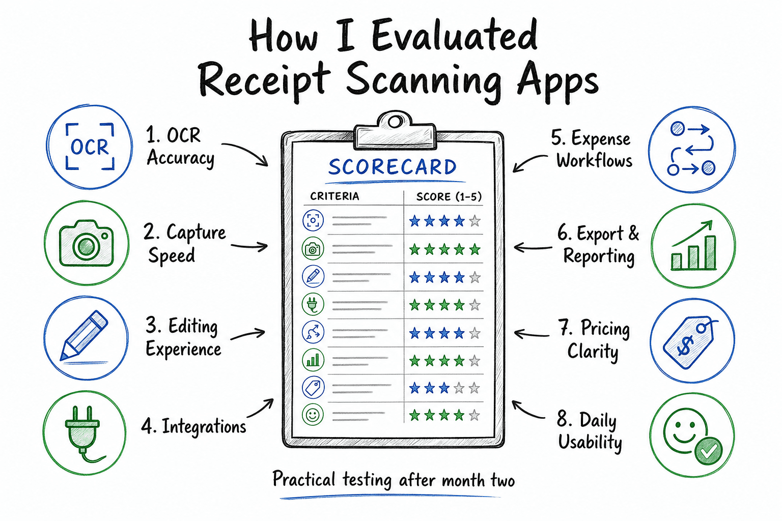 Receipt scanning app evaluation framework showing OCR accuracy, capture speed, editing, integrations, workflows, reporting, pricing clarity, and daily usability